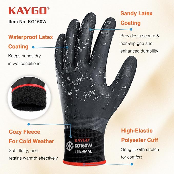 KAYGO Winter Waterproof Work Gloves for Men and Women, Thermal Insulated Freezer Rubber Coated Gloves,Super Grip,L, KG160