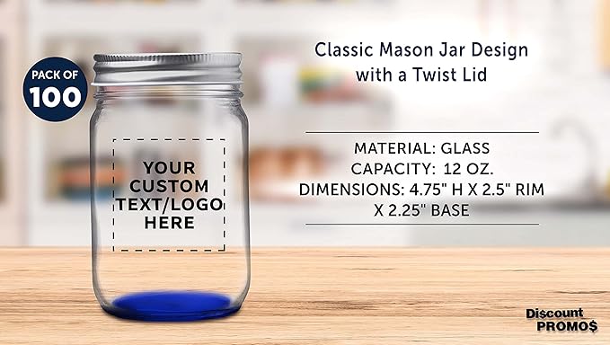 DISCOUNT PROMOS 100 Decorating Mason Jars Set, 12 oz. - Customizable Text, Logo - Canning, Aluminum Lid - Blue