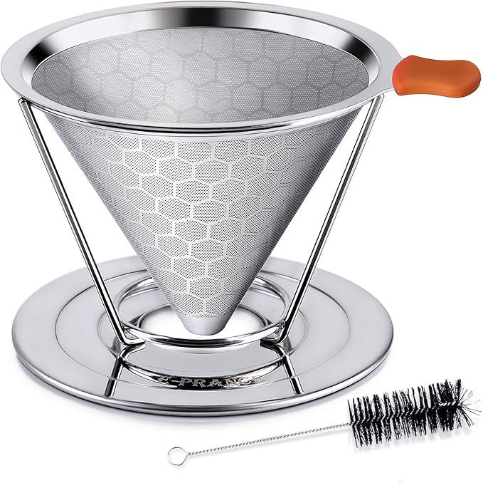 Pour Over Coffee Dripper, Stainless Steel Coffee Filter Reusable Pour Over Coffee Filter Cone Coffee Dripper with Removable Cup Stand and Bonus Brush