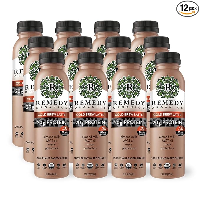 Remedy Organics Cold Brew Latte Power 12-Pack | Plant Based MCT Oil Protein Shakes, Ready to Drink | USDA Organic, Vegan, Gluten Free, Dairy Free, Soy Free | 12 Cold Brew Latte Bottles