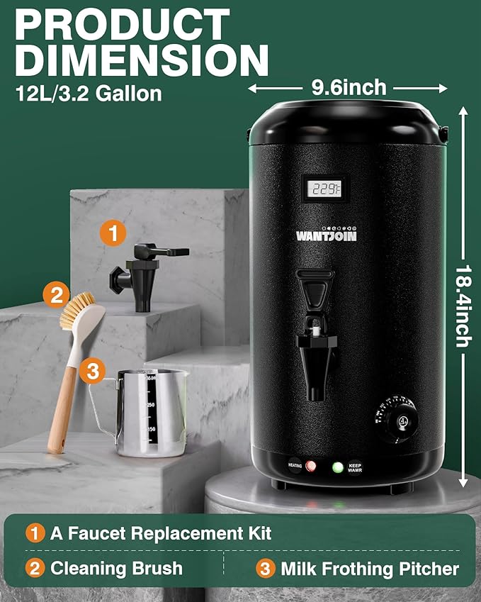 WantJoin Electric Heating Beverage Dispenser-75 Cup Hot&Cold water Urn-Stainless Steel Premium 12 L/3.2 Gallon Hot Drink Dispenser with Spigot for Coffee & Hot tea,Cold Milk,Water,Juice(Black)