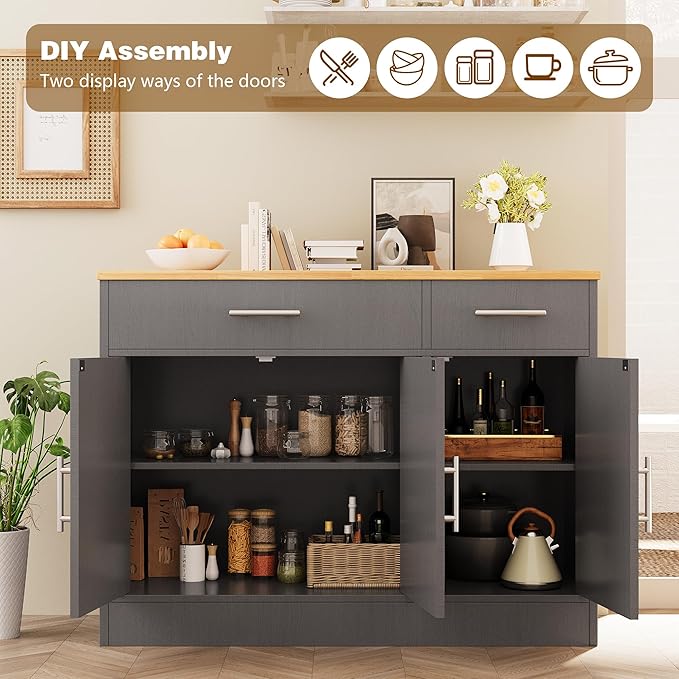 Vongrasig 43” Sideboard Buffet Cabinet with Storage, Farmhouse Coffee Bar with Drawers and Shelves, Wood Buffet Table for Kitchen Dining Room, Living Room, Grey