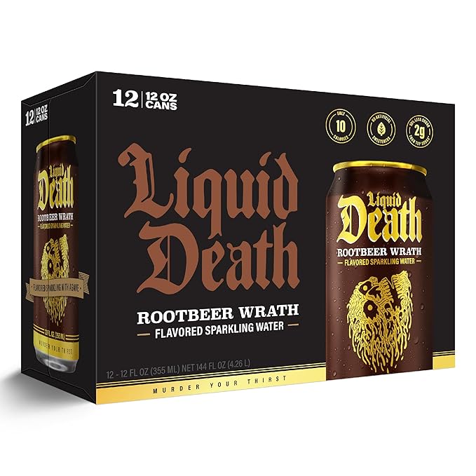 Liquid Death, Rootbeer Wrath, Soda-Flavored Sparkling Water, 12-Pack (12oz Cans), Low Sugar, Huge Flavor & No Artificial Sweeteners