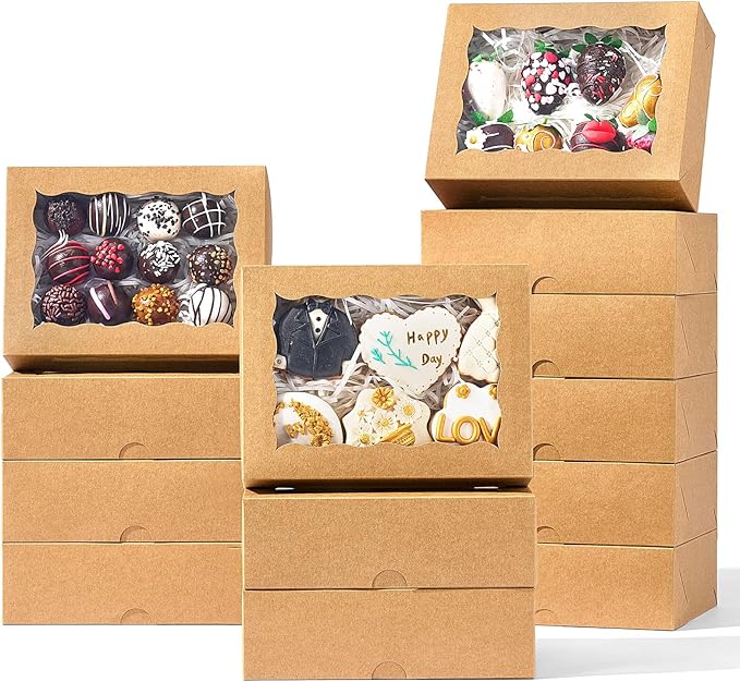 8x6x2.5 Inch 25PCS Baking Boxes with Window for Pastry,Muffins,Treat,Macaron,Dount,Cookies,Chocolate Covered Strawberries,Brown Bakery Boxes Strawberry Box