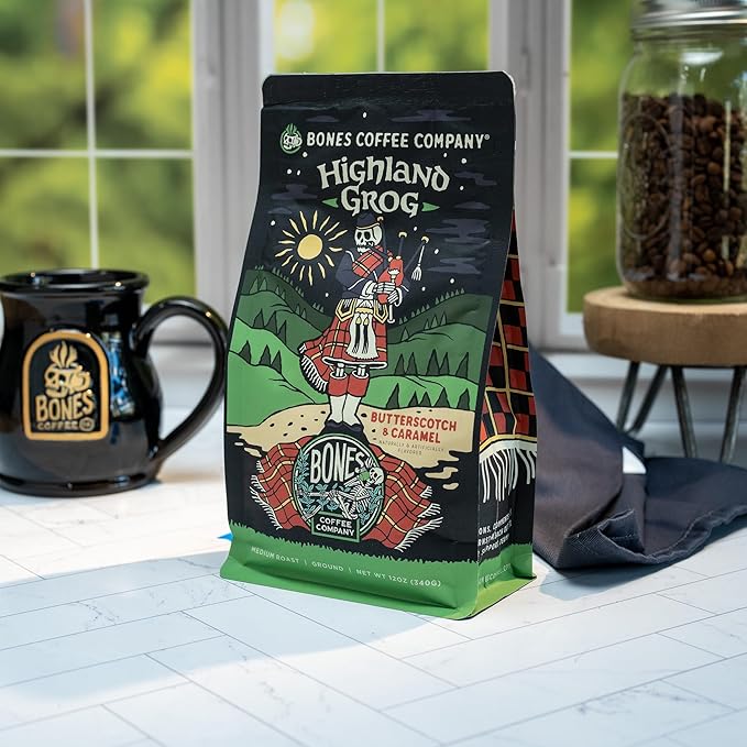 Bones Coffee Company Highland Grog, Butterscotch Caramel Flavored Coffee, Medium Roast Low Acid Arabica Beans Compatible with Auto drip and French Press Coffee Maker, 12 Oz Ground