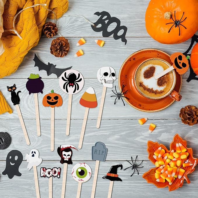 Jinei 120 Pcs Halloween Coffee Stirrers Stir Sticks Natural Wooden Stir Sticks Disposable Drink Stirrers for Stirring Hot Chocolate Milkshake Restaurant Home Office