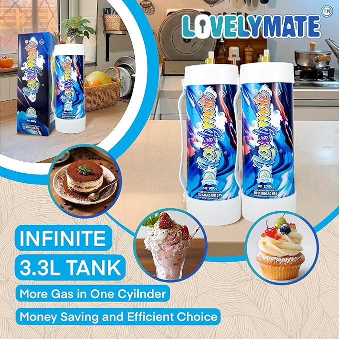 Whipped Cream Charger Tank 3.3L 2000G Whip Cream Charger Cylinder Food Grade Flavored (Tips Included) (2, Original)