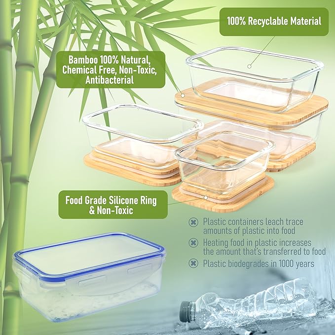 Set of 4 Stackable Space-Saving Nesting Glass Containers with Airtight Bamboo Lids - Lunch, Meal & Food Prep - Microwave & Oven Safe BPA Free Durable Heat Resistant Inert Borosilicate Glass