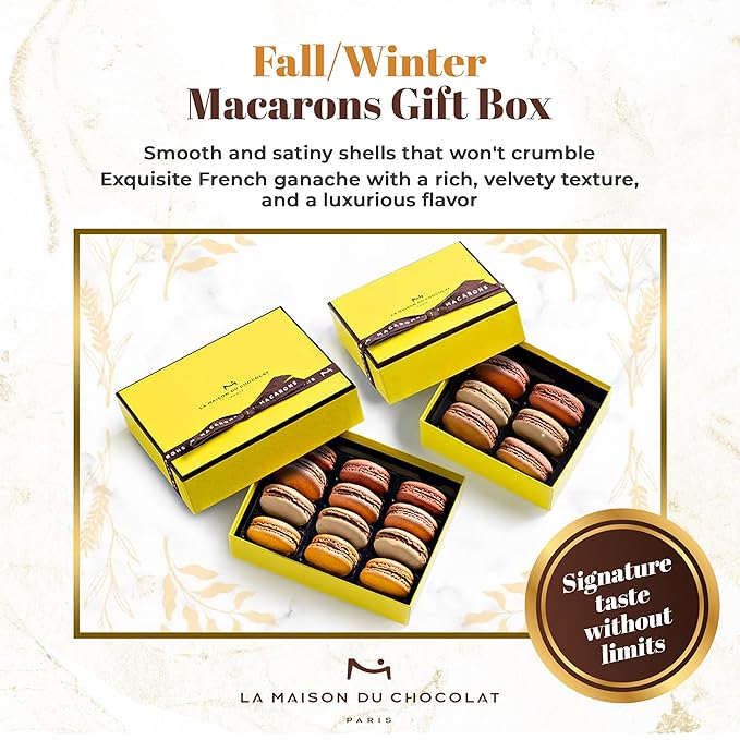 La Maison Du Chocolat Premium Macaron Gift Box - 12pcs Gourmet French Dark Chocolate Filling with Shells in Assorted Flavors