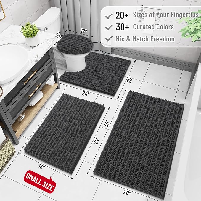 Arotive Luxury Chenille Bathroom Rug Mat, Extra Soft Thick Absorbent Shaggy Bath Rugs, Non-Slip Machine Wash Dry, Plush Bath Mats for Bathroom, Shower and Tub, 47x24, Dark Grey