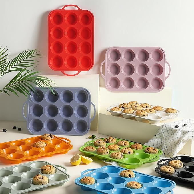 12 Cups Silicone Muffin Pan with Metal Reinforced Frame Regular Size Cupcake Pan Tray Egg Bites Silicone Circle Cookie Molds Muffin Tin Tray Tart Pans Kitchen Baking Mold Tools for Cooking