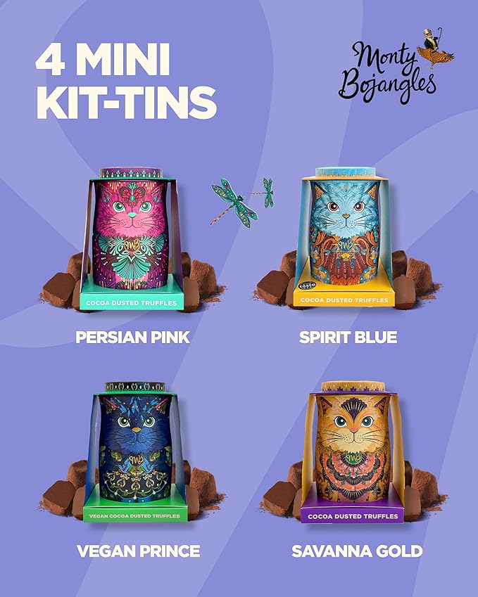 Monty Bojangles Kit-Tins Cocoa Dusted Chocolate Truffles Gift Set (4 x 1.27oz) Four Flavors In One, Luxury Chocolatey Truffles - Collectable Cat Tins, Chocolate Gift Box With Bespoke Design
