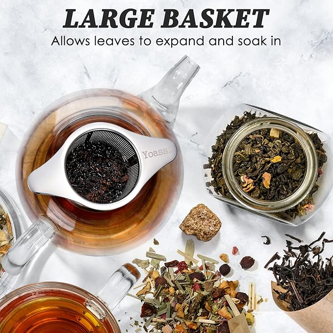 Extra Fine 18/8 Stainless Steel Tea Infuser Mesh Strainer with Large Capacity & Perfect Size Double Handles for Hanging on Teapots, Mugs, Cups to Steep Loose Leaf Tea and Coffee