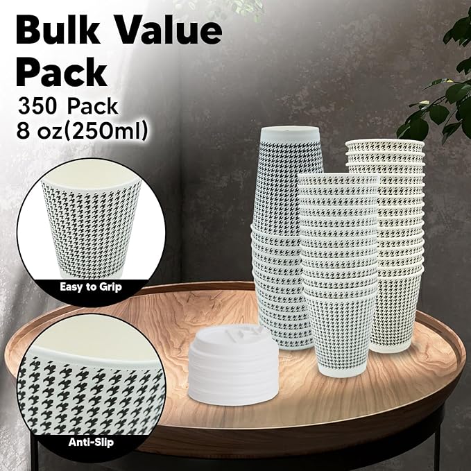 350 Pack 8 oz Insulated Disposable Coffee Cups with Lids, Double Wall Corrugated Paper Hot Cups Bulk To Go Disposable Cups for Hot Beverage or Cold Drinks Ideal for Cafes