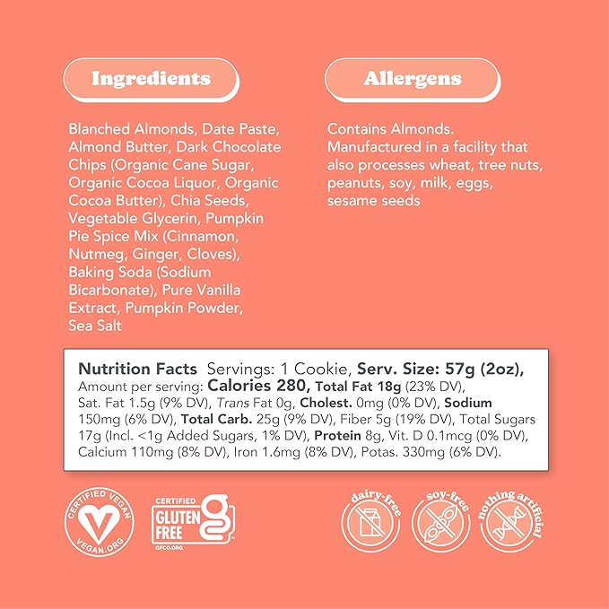 Love + Chew Tasty, Gluten Free Cookies - Pumpkin Chip 10 Count - Vegan - Healthy, Paleo, Non GMO Snacks - Individually Wrapped, Soft Baked Cookies - Made from High Protein Almonds - 2 Ounce Each