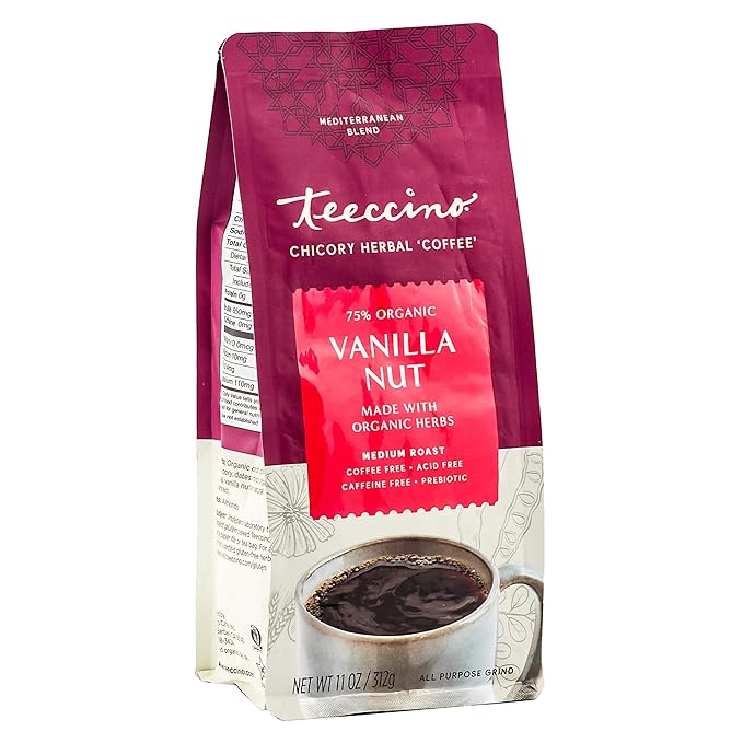 Teeccino Vanilla Nut Chicory Coffee Alternative - 11 Ounce - Ground Herbal Coffee That’s Prebiotic, Caffeine Free & Acid Free, Medium Roast