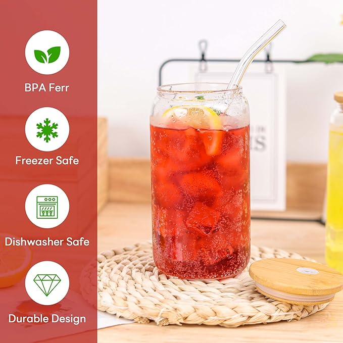 Joyclub Glass Cups with Bamboo Lids and Straws 6 Set 16 oz Reusable Iced Coffee Cup Beer Can Drinking Jars for Smoothie Whiskey Boba Soda Tea Gift