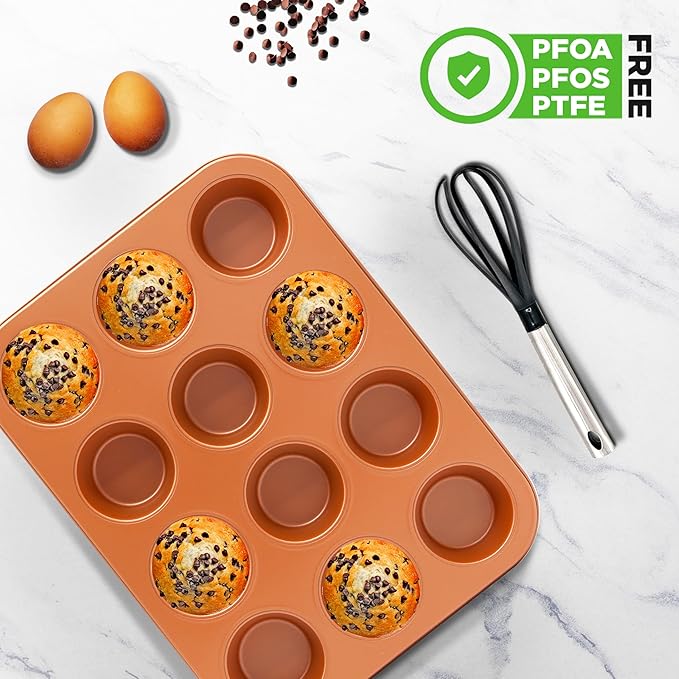 NutriChef 12-cup Copper Oven Muffin Pan, Non-Stick Coated Layer Surface, Even Heating Muffin Tray for Muffins, Cupcakes, Pastries & Mini Pies, Used for Model Number NCBSCC54