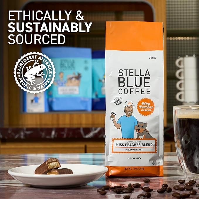 Stella Blue Ground Coffee, Miss Peaches Blend, Medium Roast, Citrus, Caramel and Fruity Notes, 100% Arabica, Ethically Sourced from Central and South America, 12 oz bag
