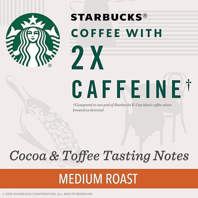Starbucks Medium Roast K-Cup Coffee Pods with 2X Caffeine, for Keurig Brewers, 4 boxes (48 pods total)