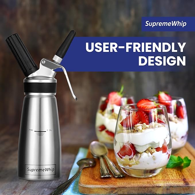 PRO Cream Dispenser, Durable High-Grip, Metal Lid with Rubber, 3 Nozzles, for Hot/Cold Use, Cleaning Brush Included, Silver - 250 ml/1 Pint