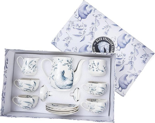 11-Piece Blue & White Collectible Chicken Floral Pattern Tea Set with Giftbox