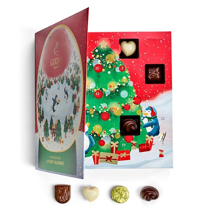 Godiva 2025 Advent Calendar, Limited Edition Deluxe Snowglobe Chocolate Assortment Holiday Gift Box for Christmas, 24pc