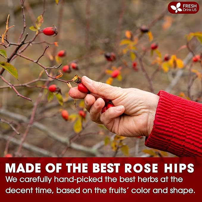 FreshDrinkUS, Premium 30 Rosehip Tea Bags, 100% Natural & Pure from Rose Hip Fruits. Loose Rosehip Herbal Tea. Made with Natural Material Tea Bags. No Sugar, No Caffeine, No Gluten, Vegan.
