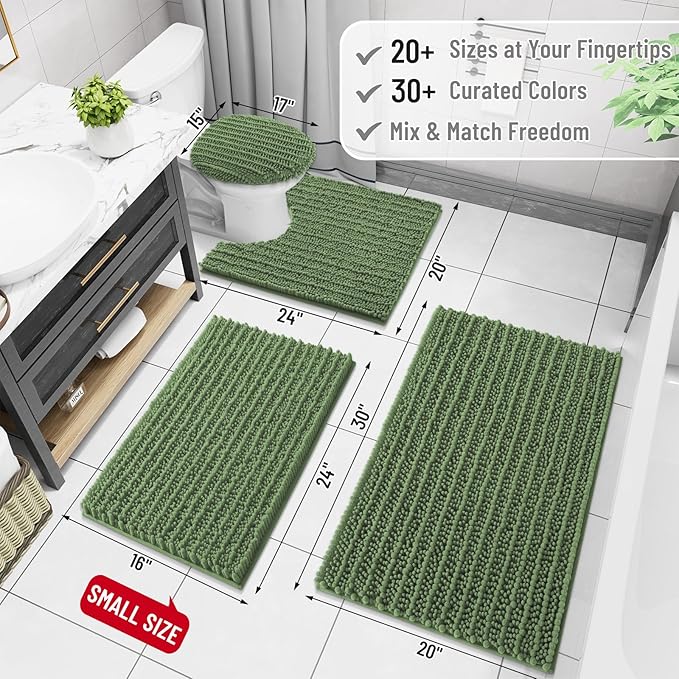 Arotive Luxury Chenille Bathroom Rug Mat, Extra Soft Thick Absorbent Shaggy Bath Rugs, Non-Slip Machine Wash Dry, Plush Bath Mats for Bathroom, Shower and Tub, 30x20, Olive Green