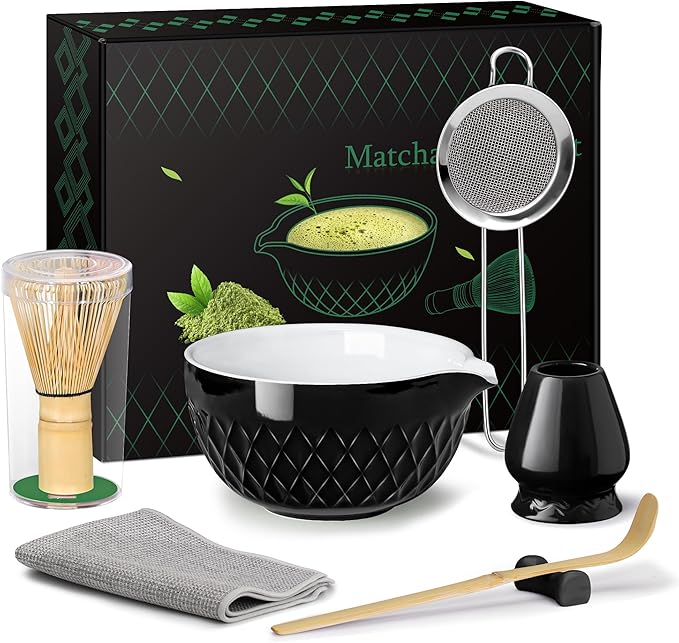 Matcha Whisk Set, 7 Pcs Matcha Kit, Ceramic Matcha Set Includes Matcha Bowl with Spout, Matcha Whisk and Holder, Bamboo Scoop, Scoop Rest, Sifter and Tea Towel (Onyx Black)