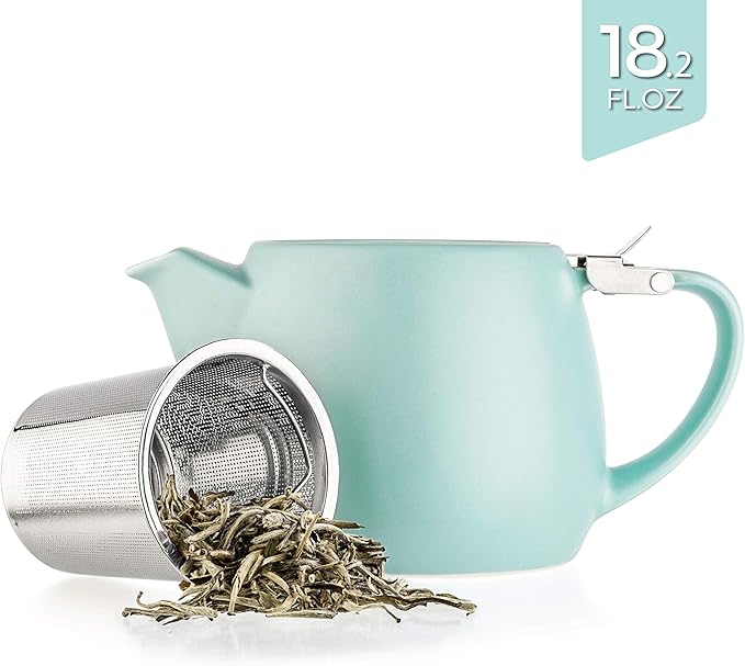 Tealyra - Pluto Porcelain Small Teapot Turquoise - 18.2-ounce (1-2 cups) - Matte Finish - Stainless Steel Lid and Extra-Fine Infuser To Brew Loose Leaf Tea - 540ml