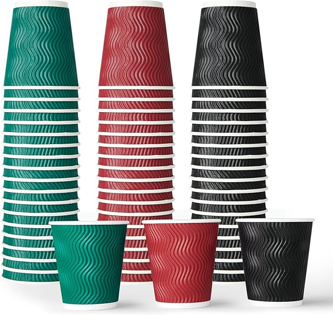MUCHII 10 oz Insulated Paper Coffee Cups, 120 Count, Multicolor, Disposable, Ripple Design for Hot Drinks
