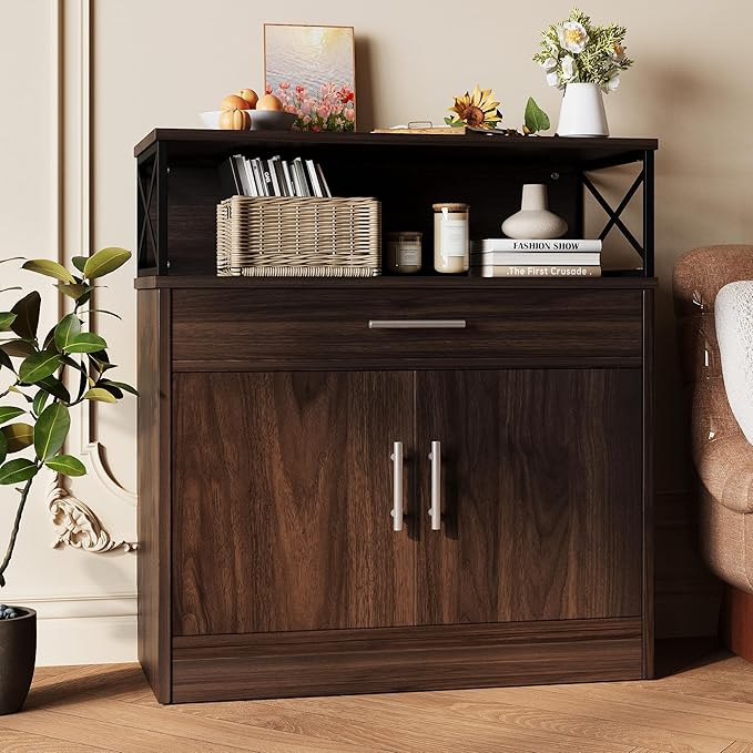 Vongrasig 32" Modern Sideboard Buffet Cabinet With Storage, Adjustable Shelf, Wood Farmhouse Coffee Bar Table for Kitchen, Dining Room, Rustic Brown