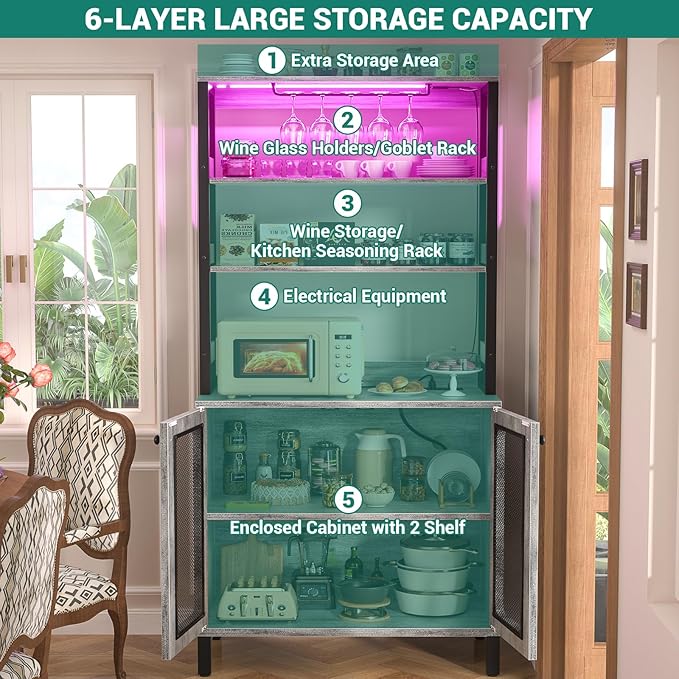 Aheaplus Bar Cabinet with Power Outlets, 67" Tall Wine Bar Cabinet Liquor Cabinet with LED Lights and Glass Holder, Coffee Bar Station for Living Room, Microwave Stand Bakers Rack Cabinet, White Oak