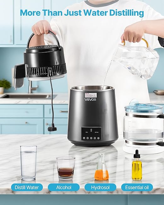 VEVOR Water Distiller, 4L /1.1 Gallon Pure Water Distilled for Home Table Countertop, 750W Distilling Maker with Glass Carafe, Stainless Steel Interior Drinking Machine to Make Clean Waters, Grey