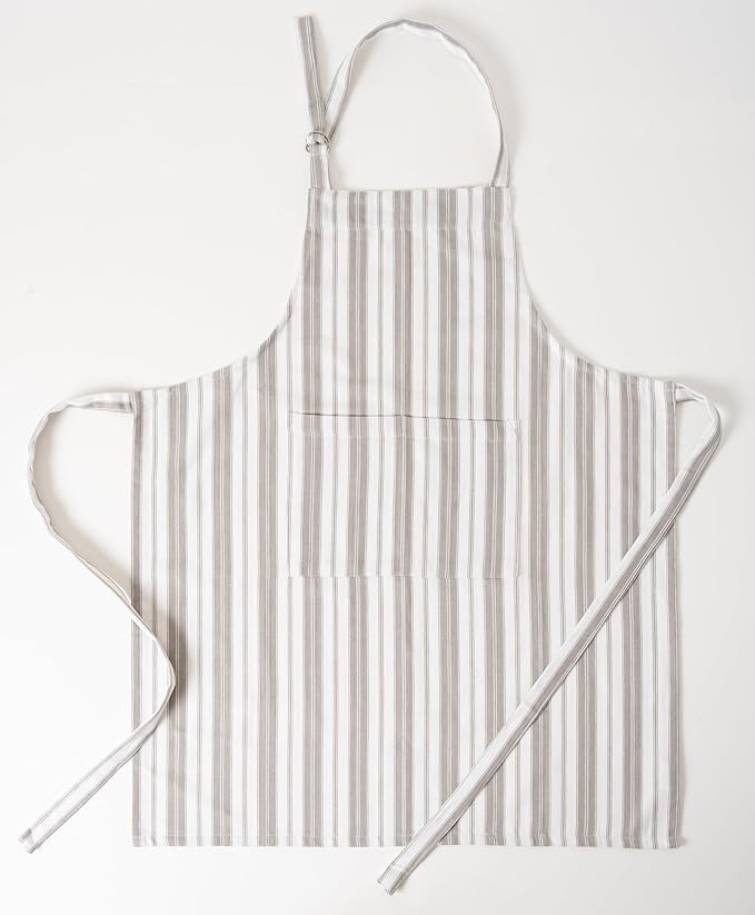 1 Oven Mitt, 1 PotHolder & 1 Kitchen Apron Set - Durable Heat Resistant Gloves - Thick Mittens for Kitchen - Suitable for Cooking, Baking, Grilling – Men & Women – Light Grey Stripes - Casa De Lan