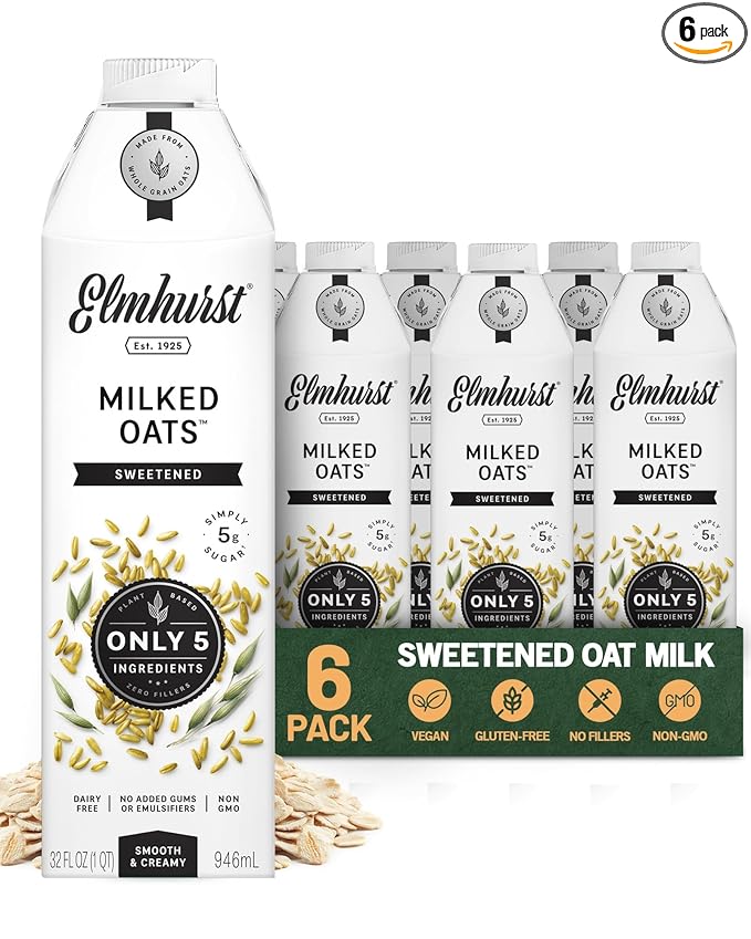 Elmhurst 1925 Sweetened Oat Milk - 32 Ounce (Pack of 6) Dairy-Free, Vegan, Kosher, Gluten-Free, Shelf Stable Plant Based Milk Made with Whole Grain Oats for Healthier Coffee, Latte & Smoothies