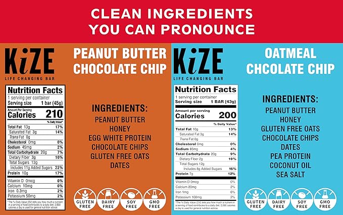KiZE Energy Bars - Variety Pack - Gluten Free, Dairy Free Options, Non-GMO, and High Protein Meal Replacement Energy Bars, Clean and Simple Food Ingredients - 7-10g High Protein Snacks, (10 Count)