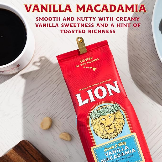 Lion Coffee, Arabica Coffee Beans, Light Roast Whole Bean Coffee, Vanilla Macadamia Flavor, A Taste of Aloha, 24 Ounce Bag (Pack of 2)