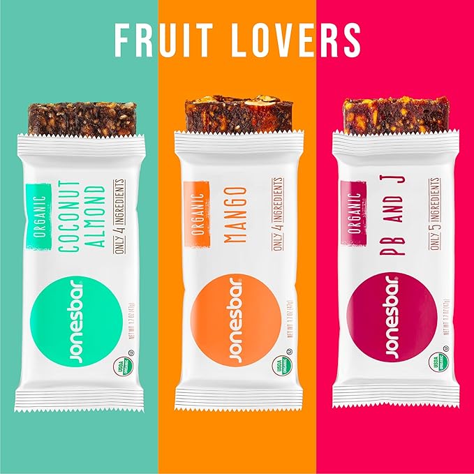 JONESBAR Organic Plant Based Protein Bars | Fruit Lovers Pack | Fruit & Nut Bar, Kosher, Gluten Free, Breakfast Bars, School Snacks, Vegan Snack & Healthy Snacks for Adults and Kids (Pack of 12)