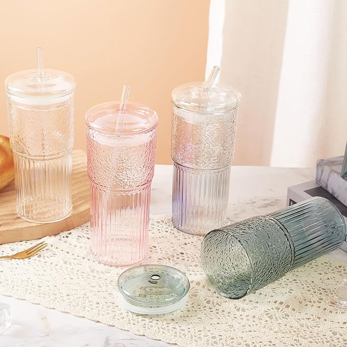 GOSCHE Glass Cups with Lids and Straws, 20oz Glass Cups Drinking Jar, Clear Iced Coffee Cups, Vintage Ripple Glass Tumbler for Water Coffee Tea, Clear, 2Pcs