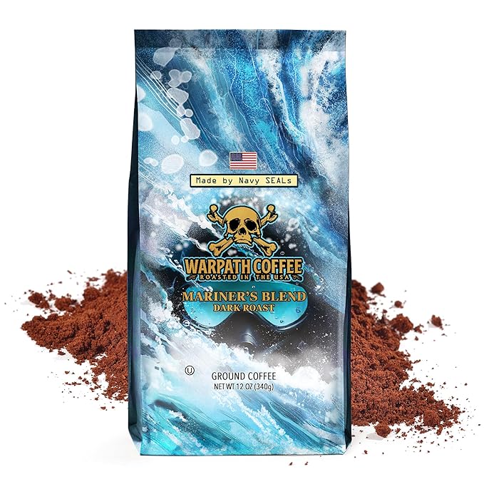 Warpath Coffee Ground Coffee Dark Roast, Mariner's Blend, High Caffeine, Extra Strong Roasted 100% Arabica Coffee Ground Beans, Rich Aroma, Full-Bodied Intense Cup, Created by Navy SEALs, 12oz