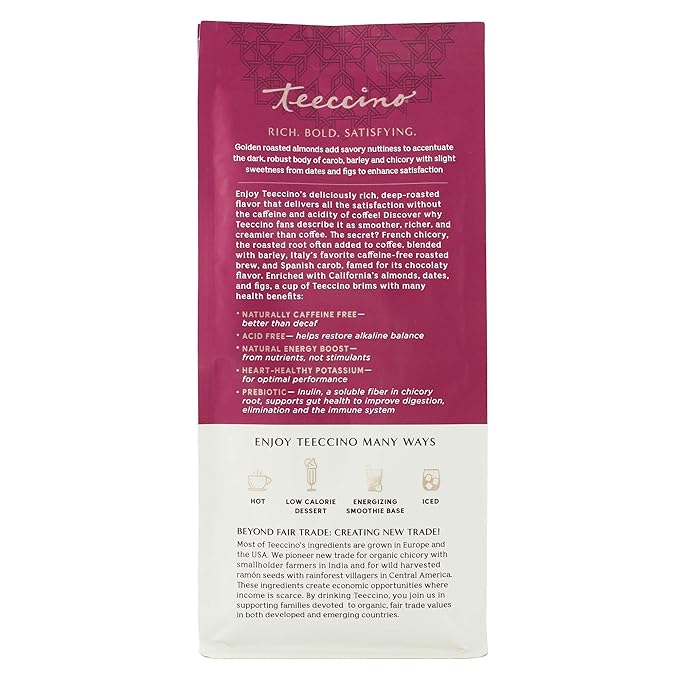 Teeccino Raspberry Mocha Chicory Coffee Alternative - Ground Herbal Coffee That’s Prebiotic, Caffeine Free & Acid Free, Dark Roast, 11 Ounce (Pack of 3)