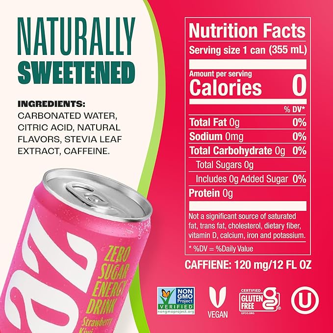 Zevia Zero Sugar Energy Drink, Strawberry Kiwi, 12 oz Cans (12-Pack) – Naturally Sweetened, Zero Calorie Sugar Free Energy - Non-GMO Project Verified, Gluten-Free, Vegan
