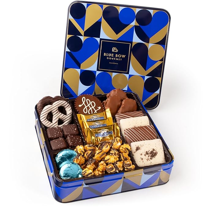 Blue Bow Gourmet Artisanal Chocolate Assortment Gift Tin for Birthday, Thank You, Business Gifts, Holiday