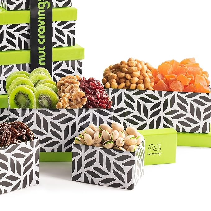 NUT CRAVINGS - Thanksgiving Dried Fruit & Mixed Nuts Gift Basket Leaf Tower + Ribbon (12 Assortments) Holiday Xmas Christmas Food Arrangement, Healthy Snack Care Package