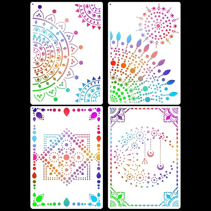 A4 Mandala 4 Pack 11x8'' Mandala Stencils for Painting on Wood, Floor, Wall, Tile Fabric, Reusable Furniture Stencils Painting Template
