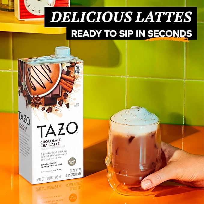 TAZO Tea Concentrate, Chocolate Chai Latte, Strawberry Matcha Latte, Iced Peach Mango 32 Fl Oz (1ea) (Variety Pack)