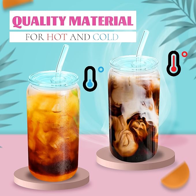 Joyclub 8pcs Glass Cups with Acrylic Lids and Straws 16 oz Can Shaped Glass Iced Coffee Cups with Lids and Straws, Cute Tumbler Cup Drinking Glasses for Smoothie Whiskey Boba Soda Tea Gift