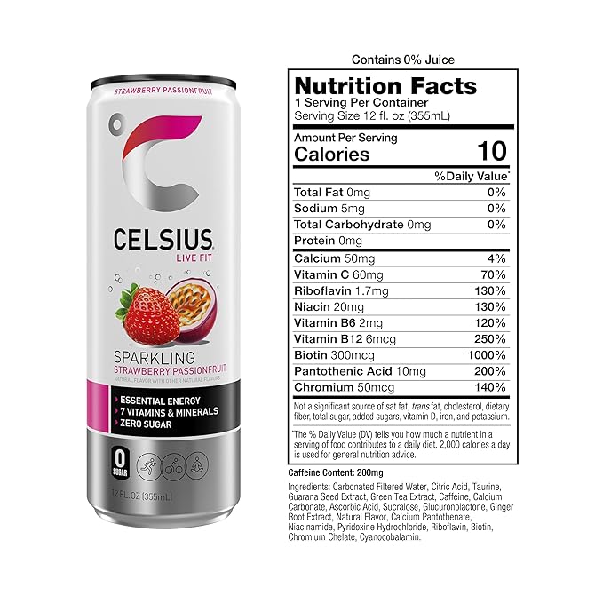 CELSIUS Sparkling Strawberry Passionfruit, Sugar Free Energy Drink, 12 Fl Oz (Pack of 12)